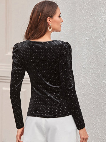 Polka Dot Puff Sleeve Velvet Tee