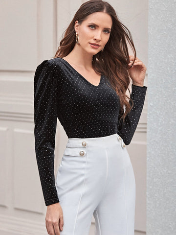 Polka Dot Puff Sleeve Velvet Tee