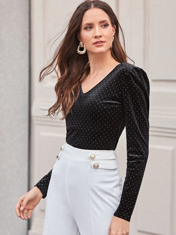 Polka Dot Puff Sleeve Velvet Tee