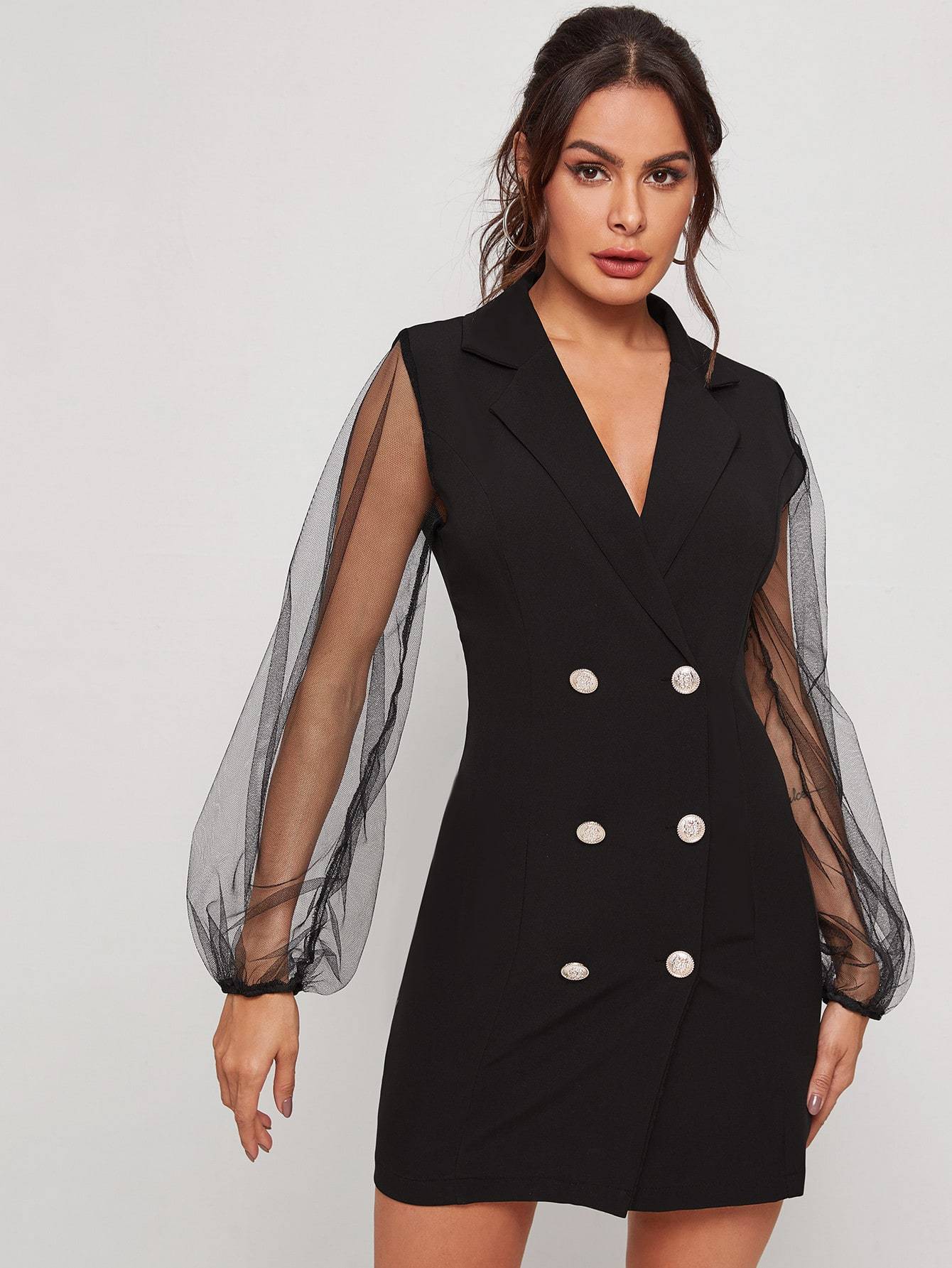 Contrast Mesh Double-breasted Blazer Dress