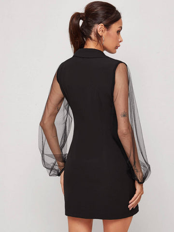 Contrast Mesh Double-breasted Blazer Dress