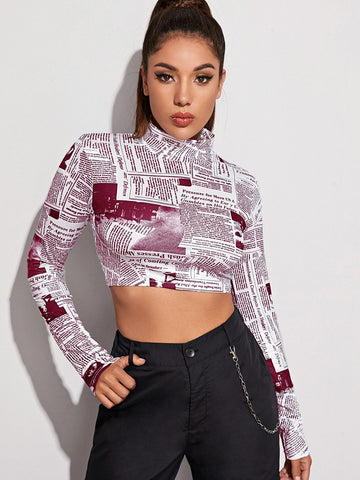 Mock Neck Newspaper Print Crop Tee