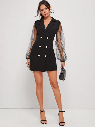 Contrast Mesh Double-breasted Blazer Dress