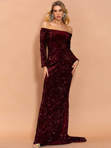 Missord Off Shoulder Iridescent Sequin Fishtail Prom Dress