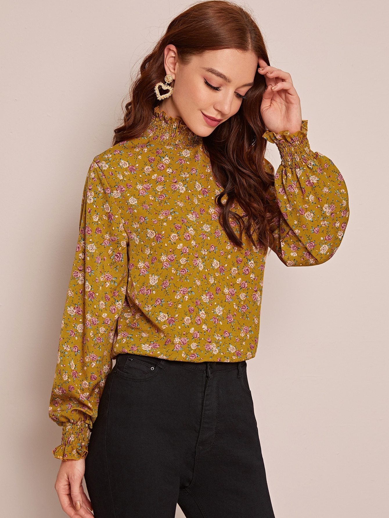 Floral Print Shirred Frill Neck Blouse