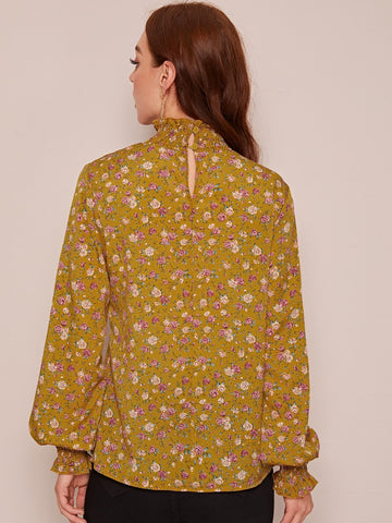 Floral Print Shirred Frill Neck Blouse