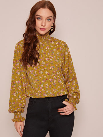 Floral Print Shirred Frill Neck Blouse