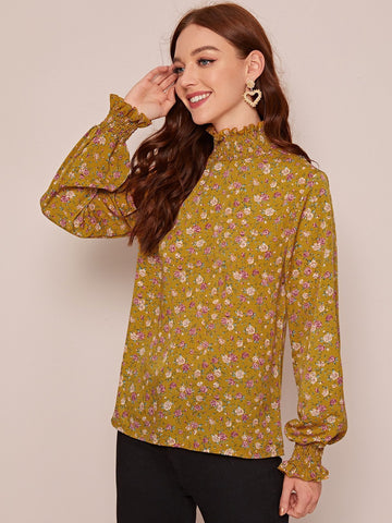 Floral Print Shirred Frill Neck Blouse
