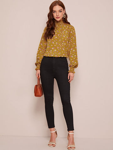 Floral Print Shirred Frill Neck Blouse