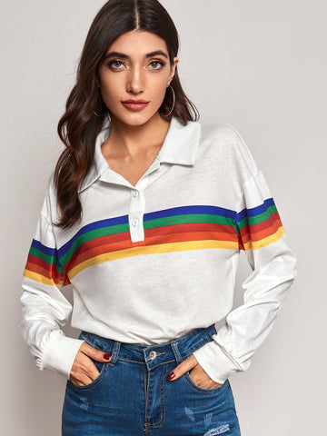 Rainbow Striped Drop Shoulder Polo Tee