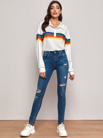 Rainbow Striped Drop Shoulder Polo Tee