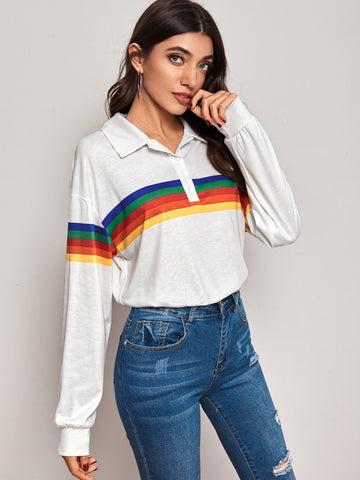 Rainbow Striped Drop Shoulder Polo Tee