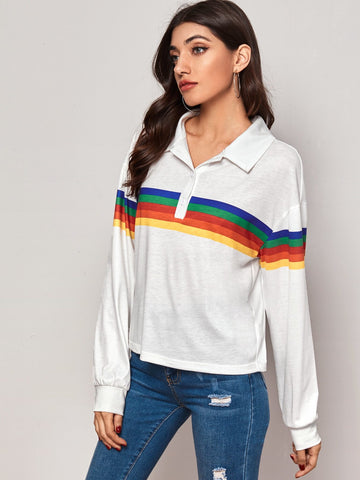 Rainbow Striped Drop Shoulder Polo Tee