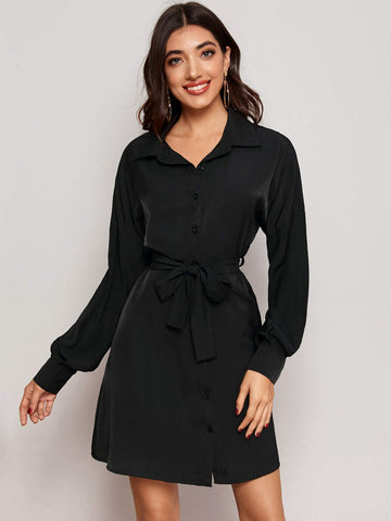 Solid Belted Shirt Dress