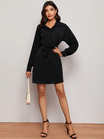 Solid Belted Shirt Dress