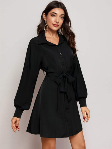 Solid Belted Shirt Dress