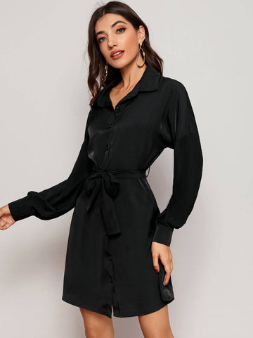 Solid Belted Shirt Dress