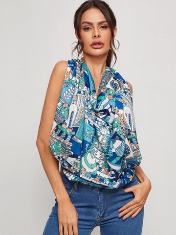 Cowl Neck Graphic Print Crop Top