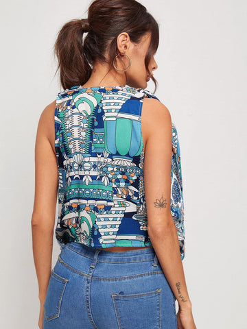 Cowl Neck Graphic Print Crop Top