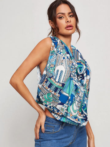 Cowl Neck Graphic Print Crop Top