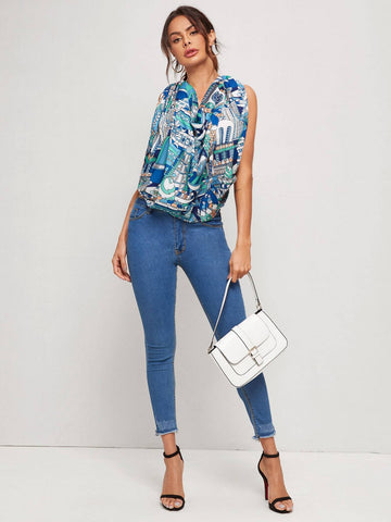 Cowl Neck Graphic Print Crop Top