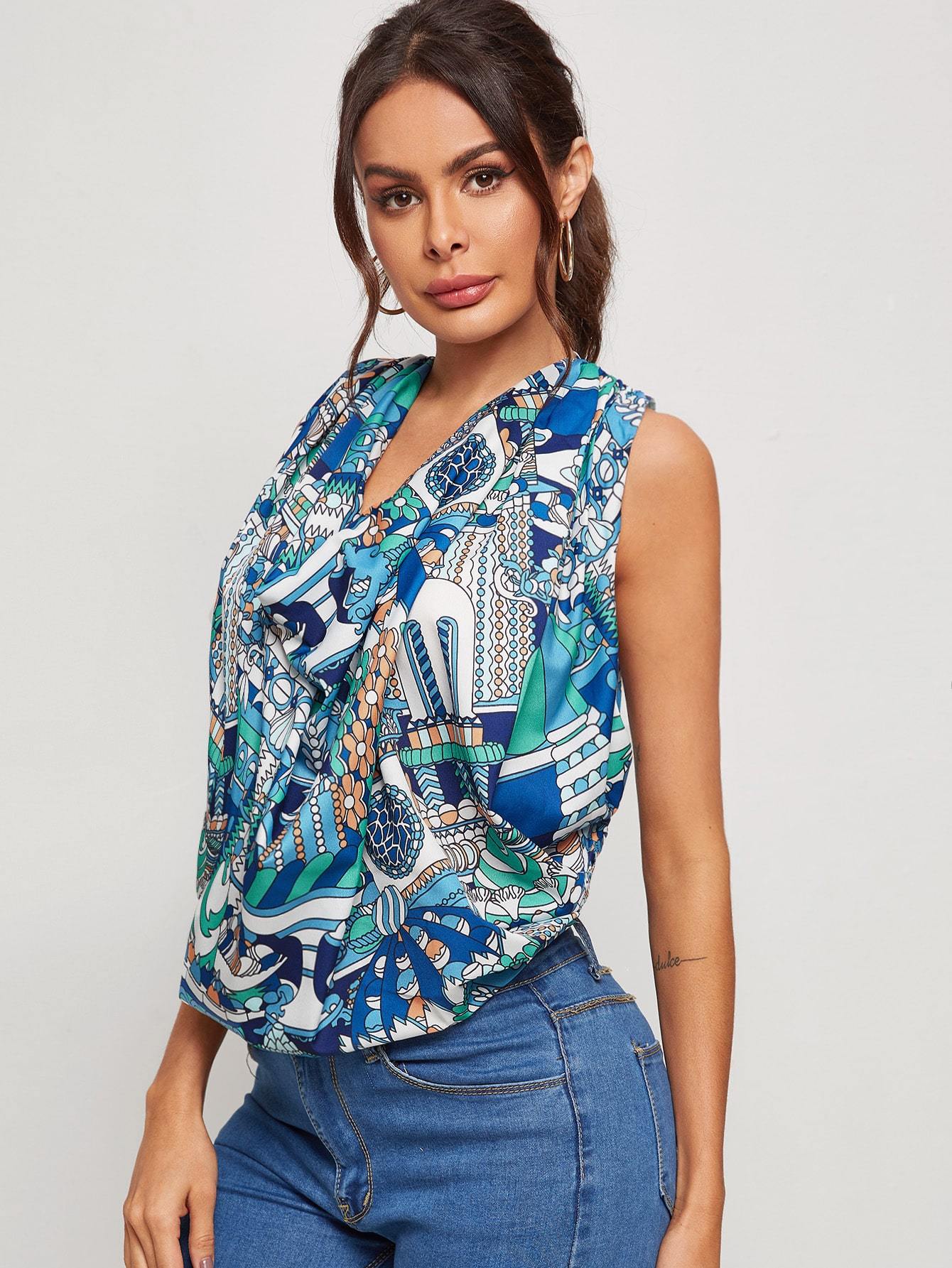 Cowl Neck Graphic Print Crop Top