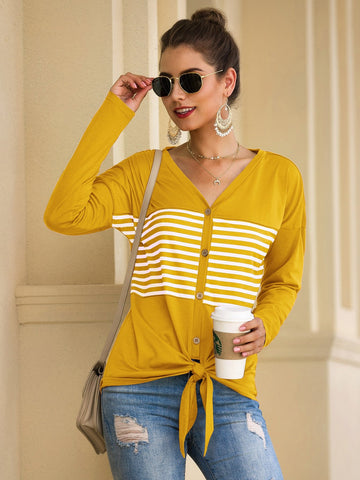 Button Front Knot Hem Striped Tee