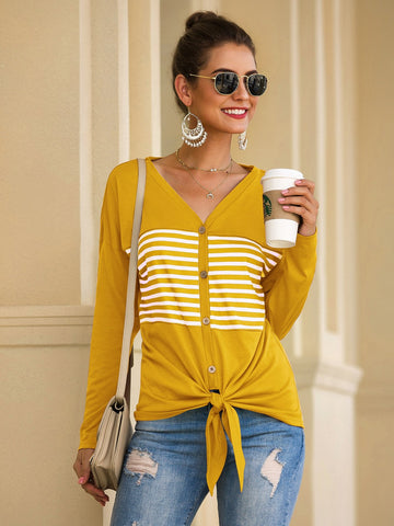 Button Front Knot Hem Striped Tee