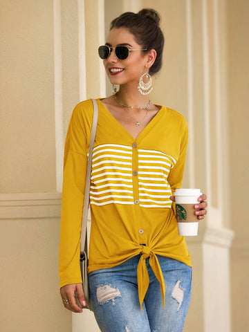 Button Front Knot Hem Striped Tee