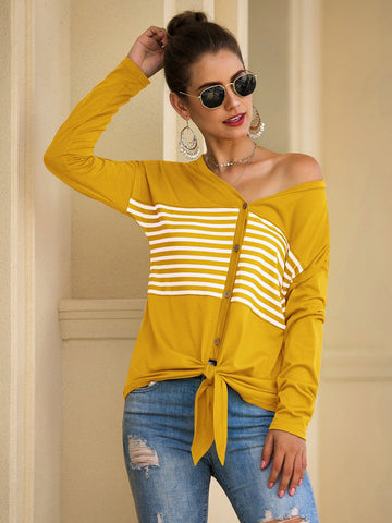 Button Front Knot Hem Striped Tee