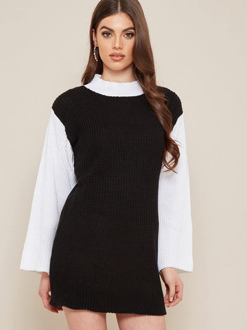 Contrast Sleeve Knitted Dress