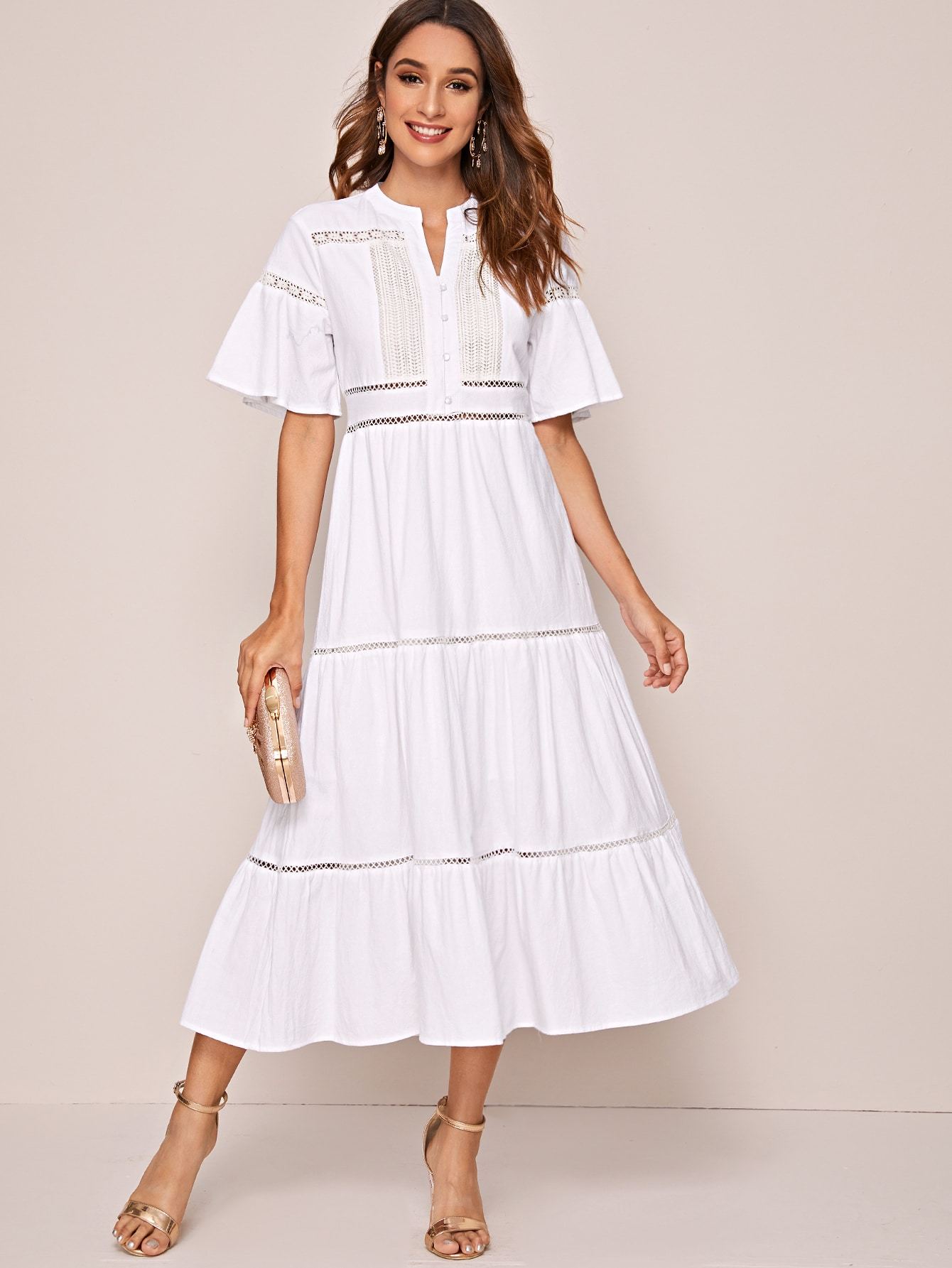Notched Guipure Lace Panel A-line Dress