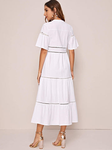 Notched Guipure Lace Panel A-line Dress