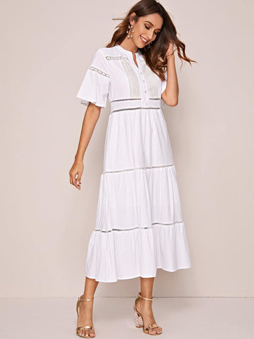 Notched Guipure Lace Panel A-line Dress