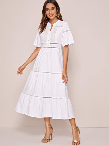 Notched Guipure Lace Panel A-line Dress