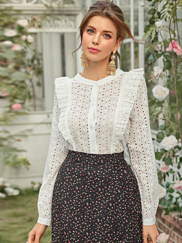 Ruffle Trim Button Front Schiffy Blouse