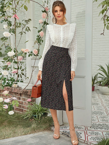 Ruffle Trim Button Front Schiffy Blouse
