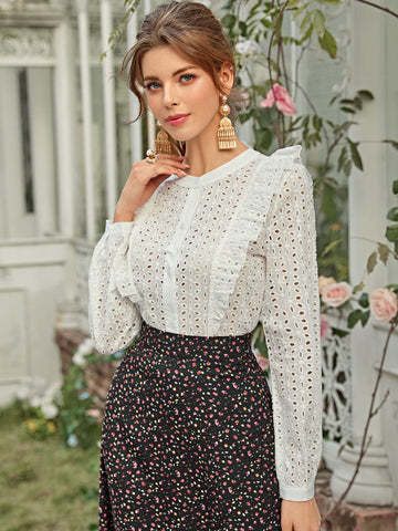 Ruffle Trim Button Front Schiffy Blouse
