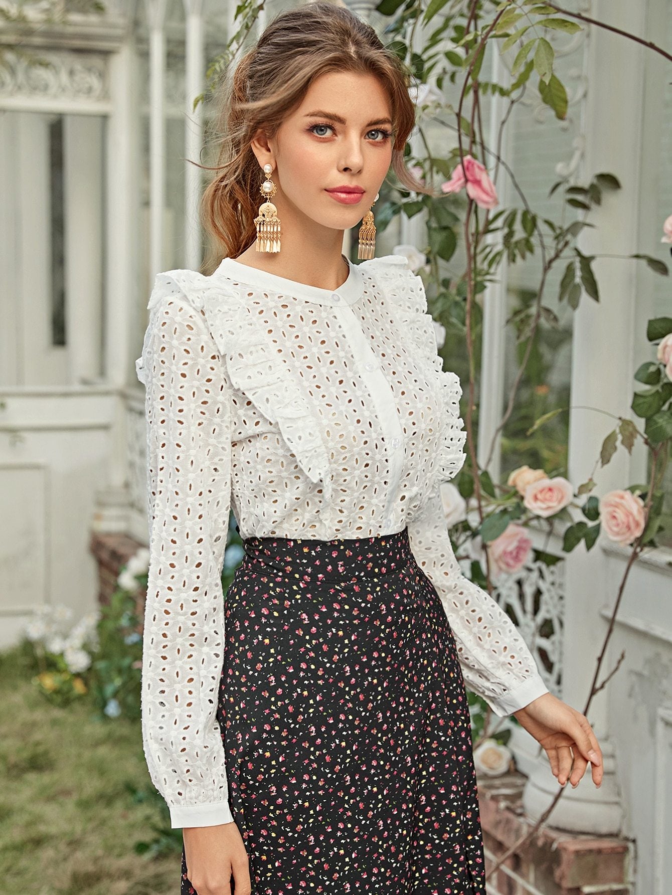 Ruffle Trim Button Front Schiffy Blouse