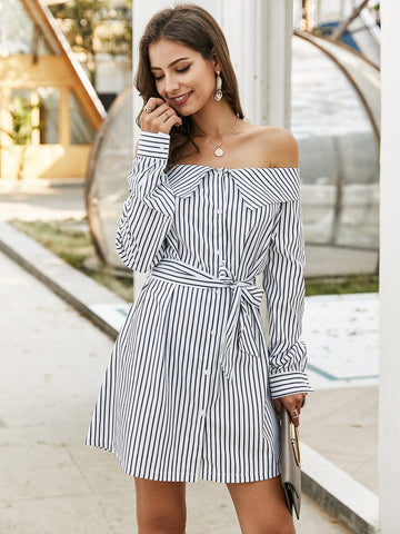 Off-shoulder Vertical Stripe Belted Shirt Dress