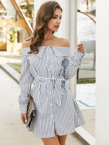 Off-shoulder Vertical Stripe Belted Shirt Dress