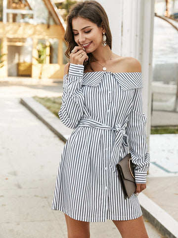 Off-shoulder Vertical Stripe Belted Shirt Dress