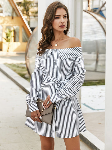 Off-shoulder Vertical Stripe Belted Shirt Dress