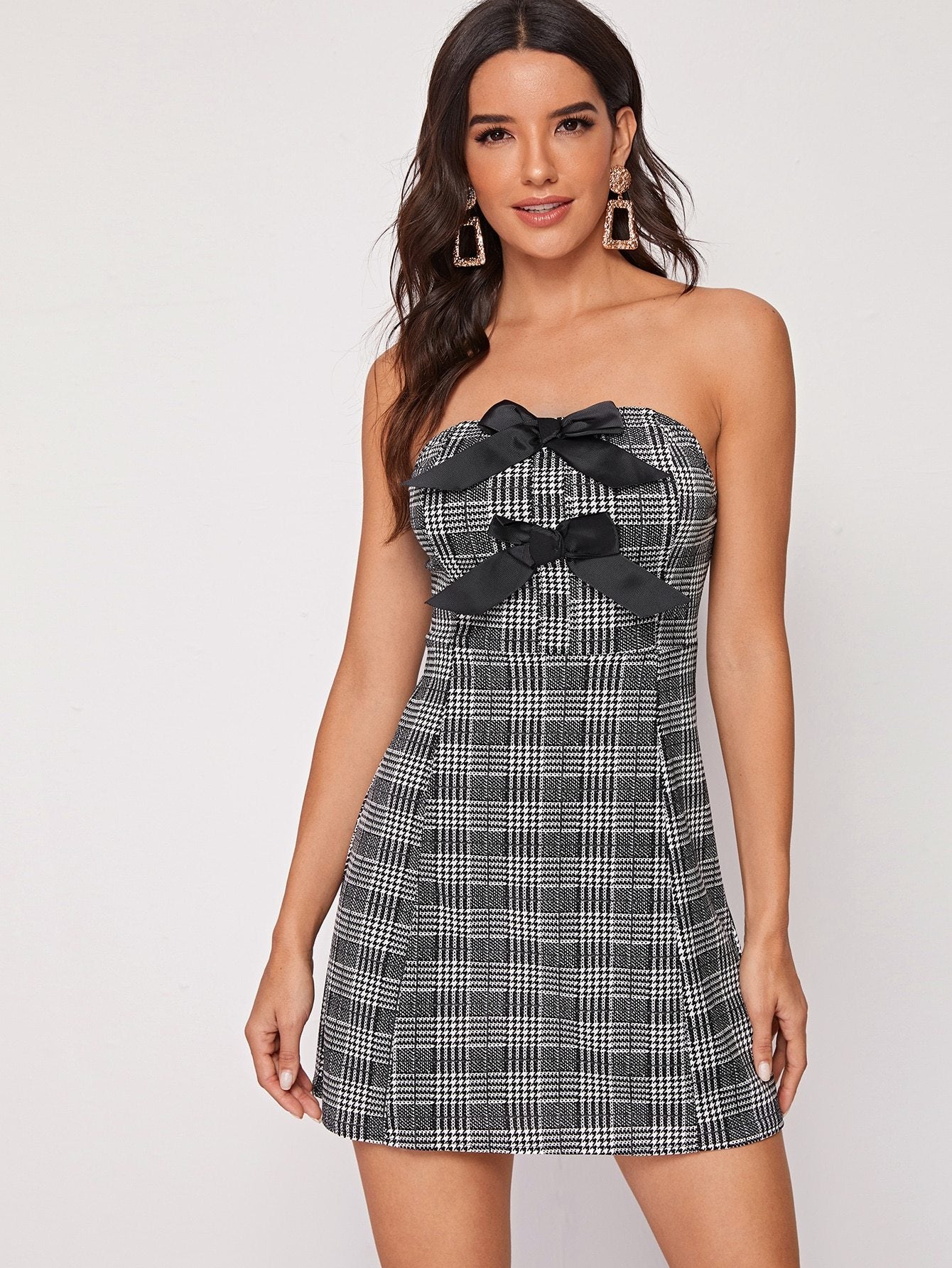 Bow Front Plaid Tube Dress