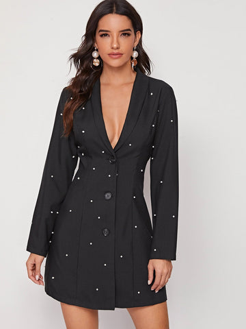 Shawl Collar Pearls Detail Blazer Dress