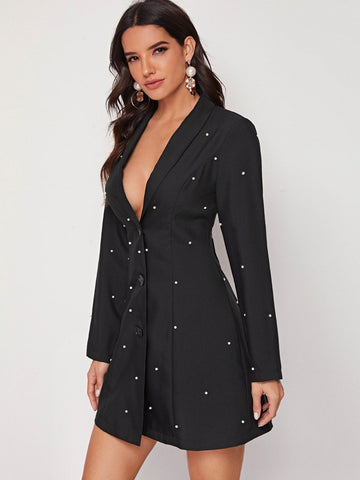 Shawl Collar Pearls Detail Blazer Dress