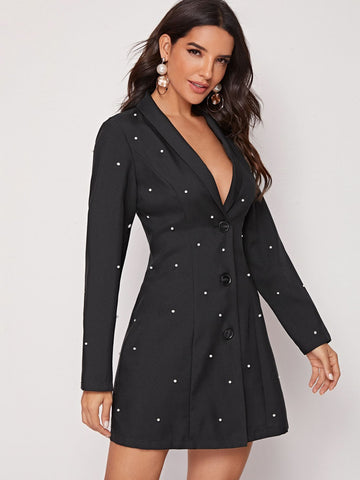 Shawl Collar Pearls Detail Blazer Dress