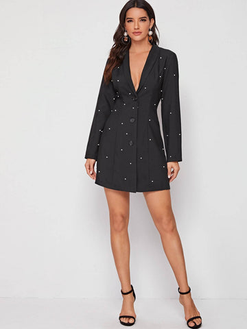 Shawl Collar Pearls Detail Blazer Dress