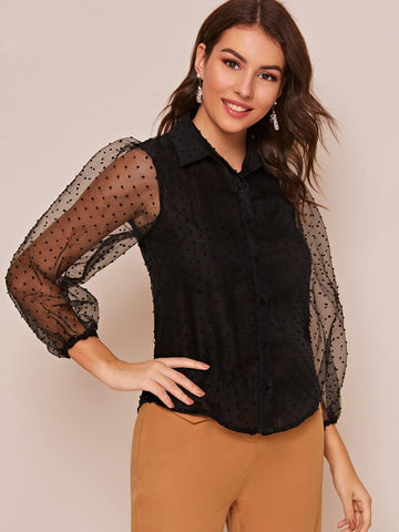 Swiss Dot Mesh Bishop Sleeve Blouse