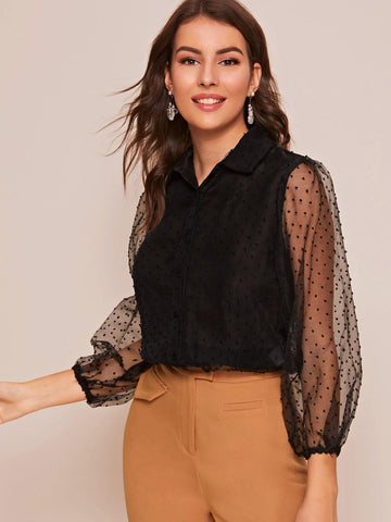 Swiss Dot Mesh Bishop Sleeve Blouse